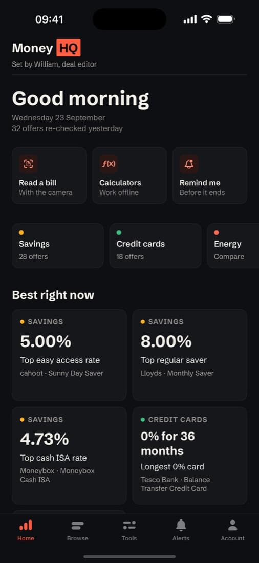 The MoneyHQ app's home screen, showing the best savings and credit card figures that morning