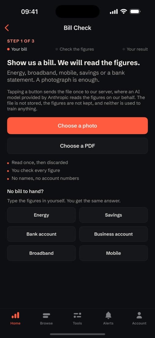 Bill Check in the MoneyHQ app, asking for a photo or PDF of a bill