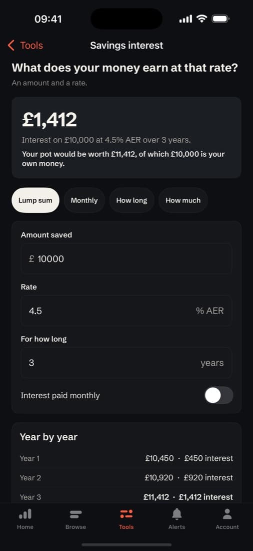 A savings calculator in the MoneyHQ app